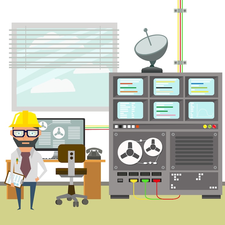 Vector lugar de trabajo de ingeniero. trabajos de ingeniería. modernas instalaciones y equipos de investigación.