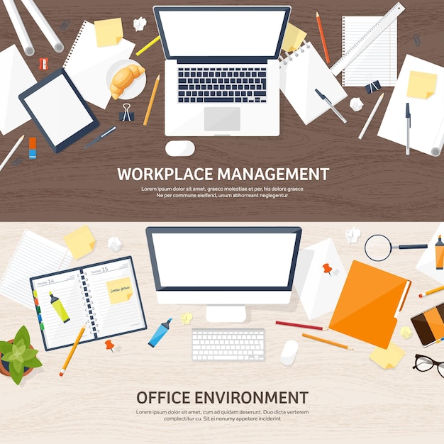 Lugar de trabajo con mesa y computadora portátil documentos papeles bloc de notas y lápiz papeleo en la oficina