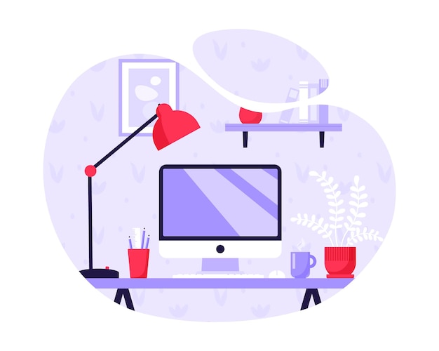 Lugar de trabajo moderno. Computadora de casa en una mesa. Concepto de lugar de trabajo en casa en estilo plano. Ilustración vectorial.