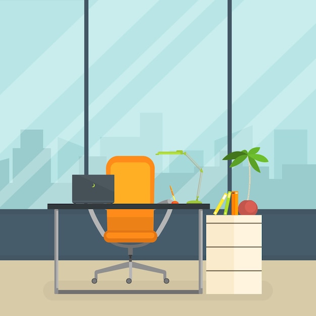 Lugar de trabajo de negocios Interior moderno de una oficina vacía con mesa y ventana Ilustración vectorial estilo plano