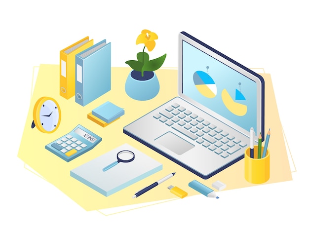 Lugar de trabajo, oficina, gabinete de negocios. Sala de oficina con computadora portátil, documentos, bolígrafos, calculadora y planta. Objetos del lugar de trabajo, equipos para trabajadores a domicilio.
