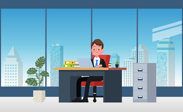 Lugar de trabajo de oficina con mesa. hombre de negocios o un empleado que trabaja en su escritorio de oficina. ilustración plana.
