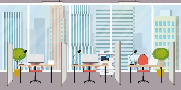 Vector lugar de trabajo de oficina moderno vacío sin personas ilustración vectorial