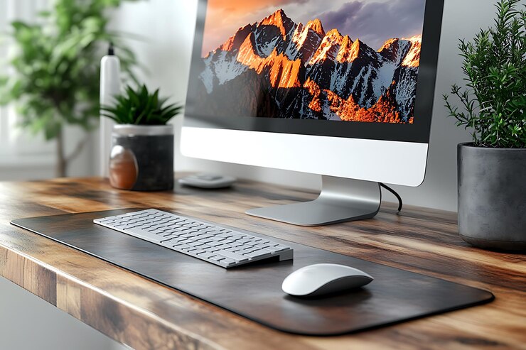 Vector lugar de trabajo con taza de té de computadora y planta en mesa de madera negra