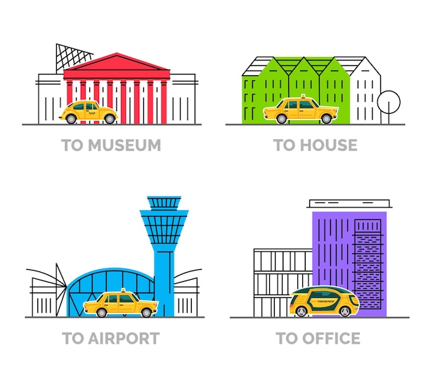 lugares de destino de estilo de dibujos animados planos con taxis amarillos