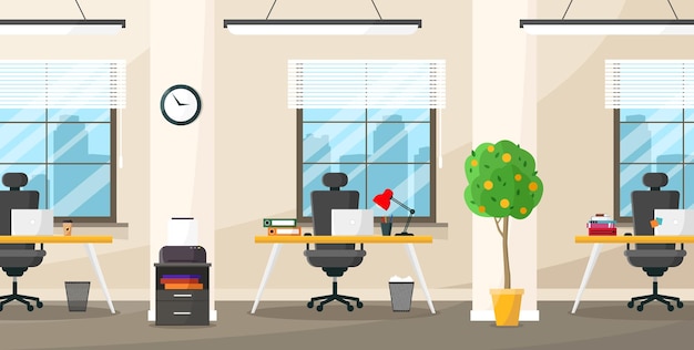 Lugares de trabajo en una oficina de planta abierta Estaciones de trabajo cómodas con equipos y tecnología