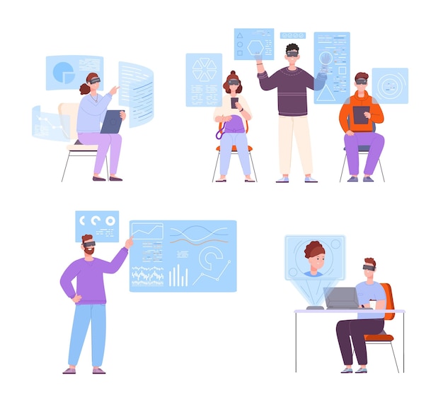 Lugares de trabajo Vr Lugar de trabajo futuro reunión virtual trabajo digital simulación ciberespacio empresa de negocios trabajo futurista trabajo en equipo dispositivos ar investigación de datos espléndida ilustración vectorial