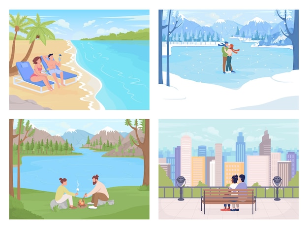 Lugares de vacaciones de temporada conjunto de ilustración de vector de color plano retiro natural parejas que pasan tiempo juntos colección de personajes de dibujos animados simples en 2d con impresionantes paisajes y paisajes urbanos en el fondo