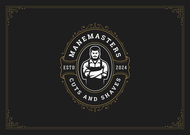 El lujo antiguo florece logotipo dorado barbería con hombre barbero vector plantilla de diseño