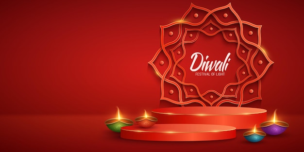 Lujosa escena 3d con coloridas lámparas diya para el festival diwali de la luz podio para mostrar sus marcas estilo de corte de papel mandala indio en el fondo ilustración vectorial para vacaciones