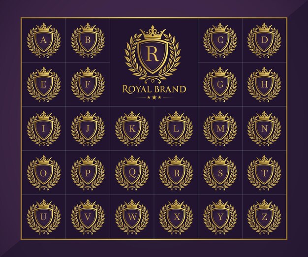 Lujosas plantillas de logotipo del alfabeto con cresta dorada y diseño real