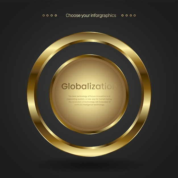 Un lujoso diseño infográfico con un marco circular dorado que rodea una esfera dorada central