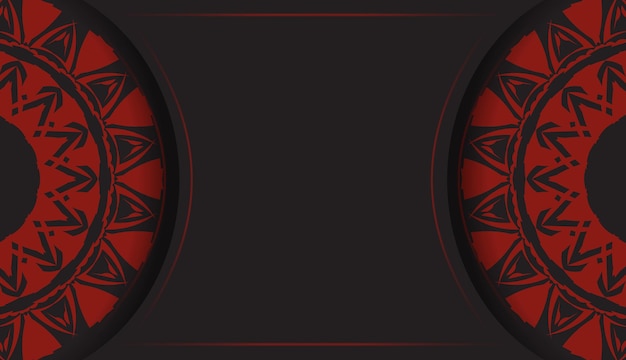 Lujoso diseño de postal en color negro con estampados griegos rojos. Tarjeta de invitación de vector con lugar para el texto y adorno abstracto.