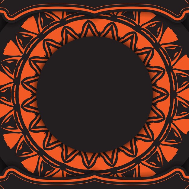 Lujoso diseño de una postal en color negro con estampados naranjas. Tarjeta de invitación de vector con lugar para el texto y adorno abstracto.