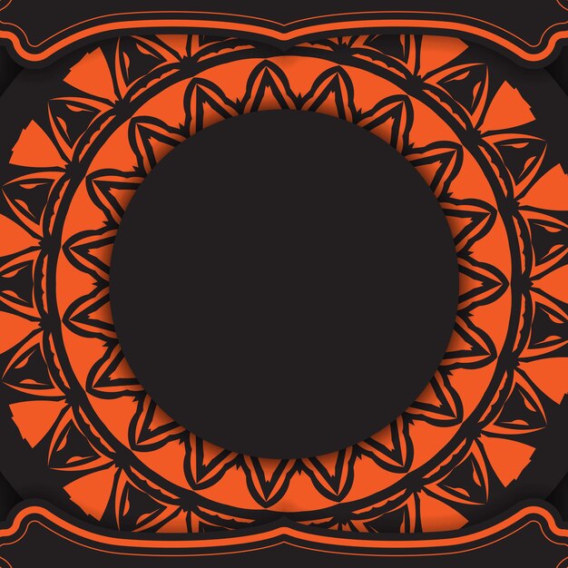 Lujoso diseño de una postal en color negro con estampados naranjas. tarjeta de invitación de vector con lugar para el texto y adorno abstracto.