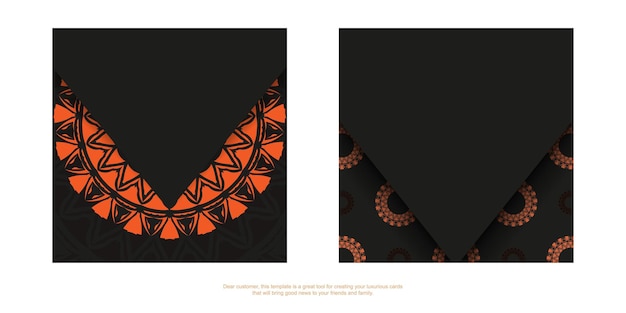 Lujoso diseño de postal listo para imprimir en negro con adornos naranjas. plantilla de invitación con espacio para texto y patrones abstractos.