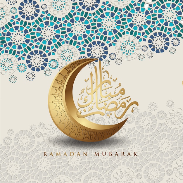 Lujoso y elegante diseño Ramadan kareem con caligrafía árabe, luna creciente y detalles ornamentales islámicos coloridos de mosaico para saludo islámico