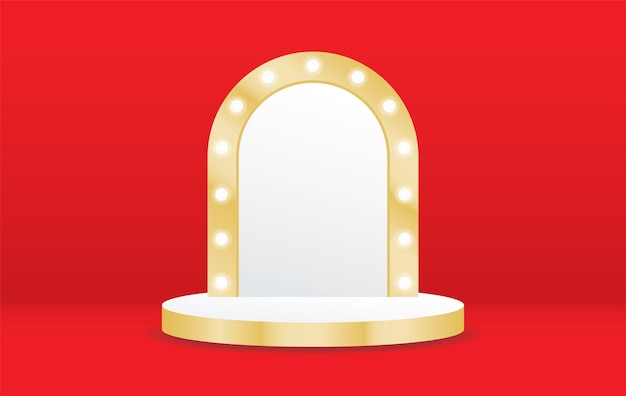 lujoso fondo de arco de bombilla de oro con exhibición de productos en el podio sobre fondo rojo ilustración 3d