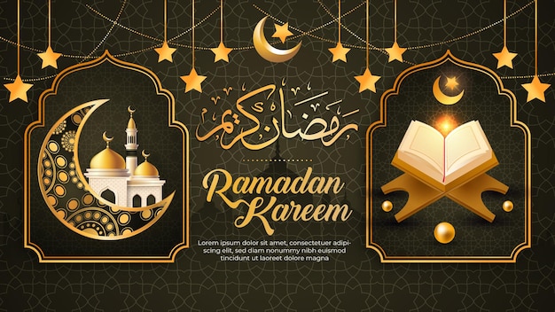 Lujoso fondo de ramadan kareem eid mubarak con estrellas mezquita luna islámica y al quran