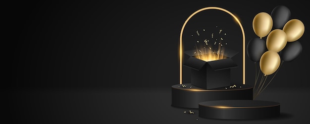 Lujoso podio 3d con caja de regalo abierta con rayos dorados Balones festivos voladores negros y dorados Pedestal con arco dorado brillante para cumpleaños o venta de viernes negro Escena de vacaciones Vector