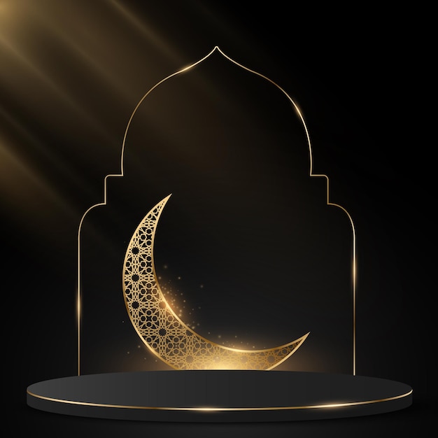 Lujoso podio con marco árabe Luna dorada brillante con adorno islámico Pedestal 3D para vacaciones musulmanas Escena oscura con rayos Eid Mubarak Ilustración vectorial