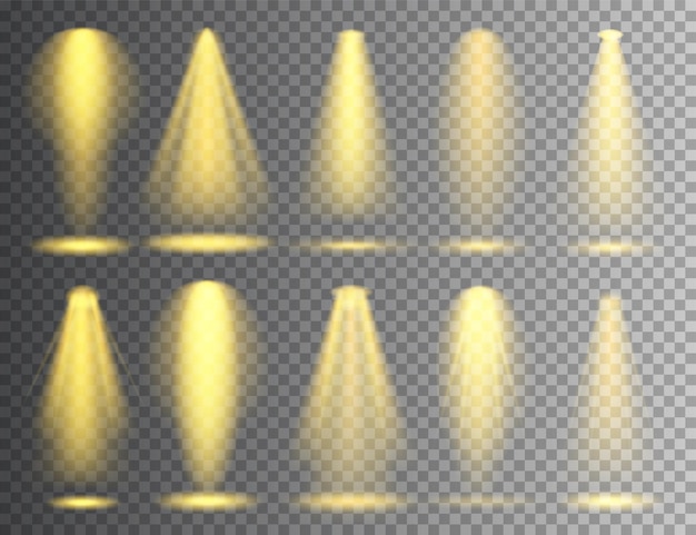 Luminador vectorial conjunto brillante de Navidad resplandeciente haz de luz transparente efecto realista iluminación del escenario
