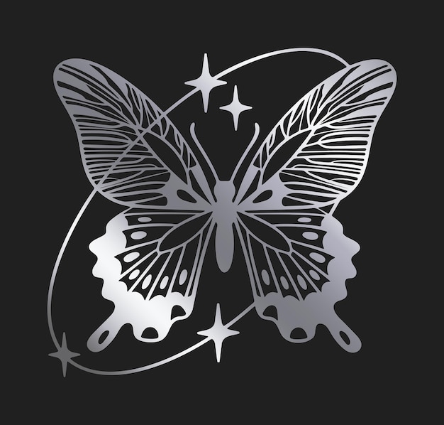 Luminosa mariposa y2k Abstracto plateado y2k estética silhueta de mariposa insecto volador con formas ovaladas estrellas y chispas decoración vector plana ilustración de mariposa de dibujos animados