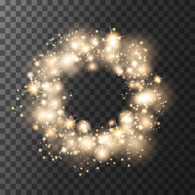 Luminoso marco de círculo de luz brillante bandera con polvo de estrellas brillos dorados diseño navideño de vacaciones vectorial