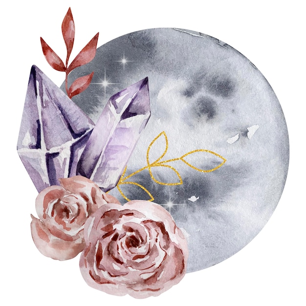 Luna de acuarela con cristal y floral mística