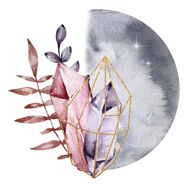 Luna de acuarela con cristal y floral mística