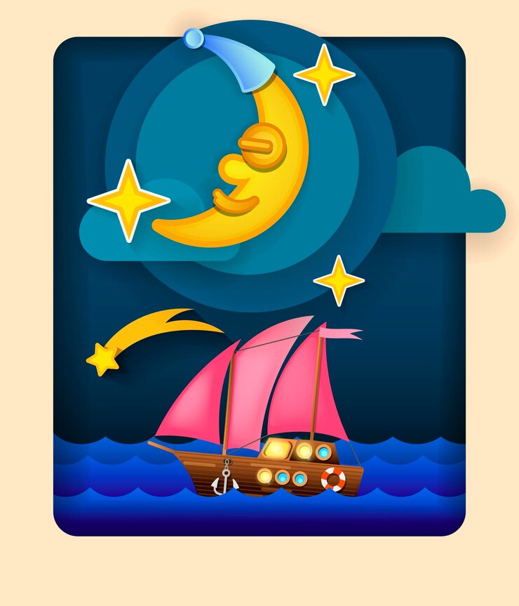 Vector luna de arte de papel, nubes esponjosas y estrellas en la medianoche.estilo de arte de papel de origami. ilustración vectorial.