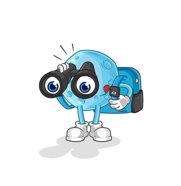 luna azul, con, binoculares, carácter, caricatura, mascota, vector