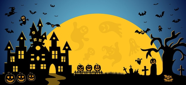 Luna de calabazas de Halloween y castillo oscuro sobre fondo azul ilustración vectorial