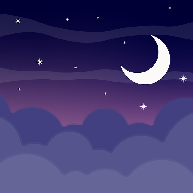 La luna y el cielo de la noche paisajista plantilla de ilustración vectorial diseño gráfico de la luna y la naturaleza vista nocturna signo o símbolo para la aventura y el deseo de viajar negocio