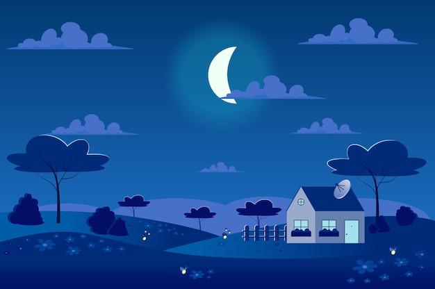 Luna en el cielo en el pueblo de primavera con paisaje de prado verde en estilo de dibujos animados plana