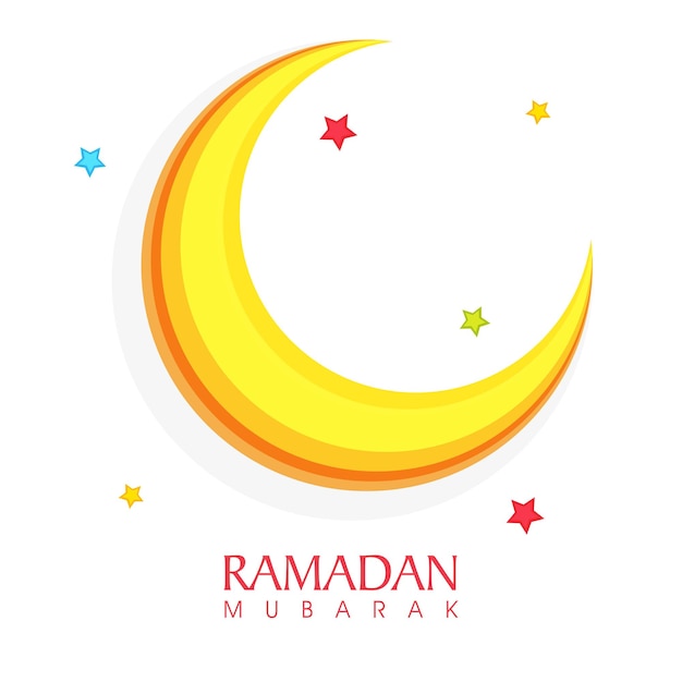 Luna Creciente Amarilla en estrellas coloridas decoradas con Fondo de Espiral Discontinua para el Concepto de Ramadán Mubarak