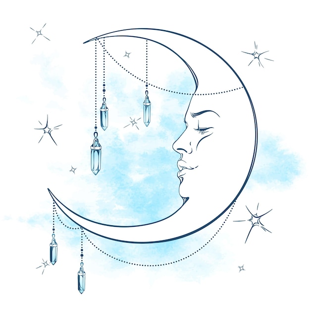 Vector luna creciente azul con colgantes de piedra lunar y estrellas ilustración vectorial