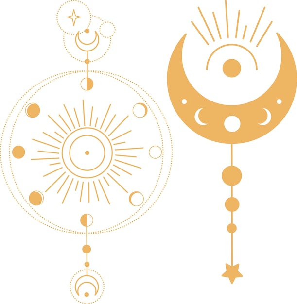 Luna creciente bohemia con estrellas y rayos Astrología Ilustración. Fases de la luna SVG Vector Clipart.