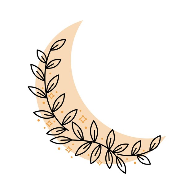Luna creciente de boho mágico con hojas, estrellas aisladas sobre fondo blanco. Ilustración vectorial. Elementos decorativos boho para tatuajes, tarjetas de felicitación, invitaciones, bodas.