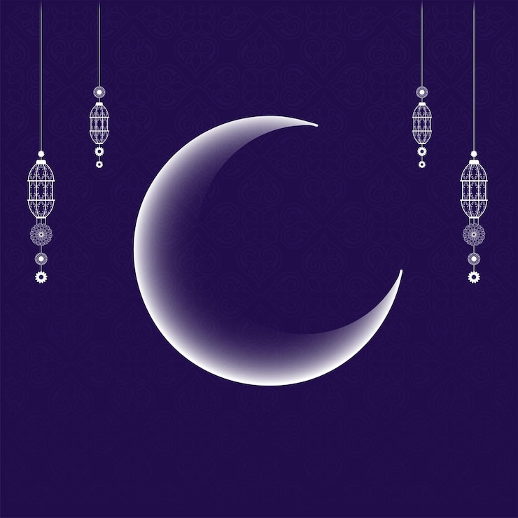 Vector luna creciente brillante con linternas de adorno colgantes decoradas con un patrón floral violeta de fondo