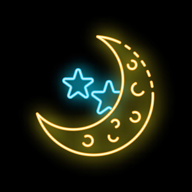 Luna creciente brillante de neón con estrellas en un fondo negro
