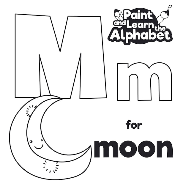 Luna creciente con cara sonriente lista para colorear en el aprendizaje de la letra 'M' del alfabeto