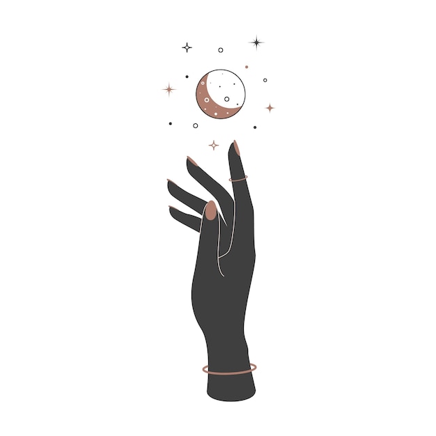 Luna creciente celestial mística sobre mano de mujer en estilo vintage. Símbolo elegante espiritual para el logotipo del nombre de marca. Ilustración de vector de magia esotérica