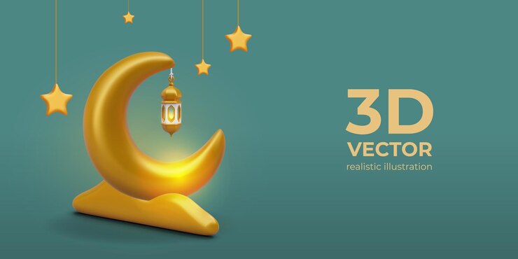 Vector luna creciente dorada con estrellas de linterna colgantes en un fondo de colores