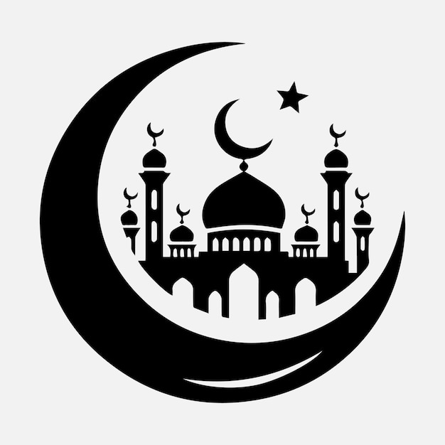 Luna creciente por encima de la mezquita silueta de ilustración vectorial