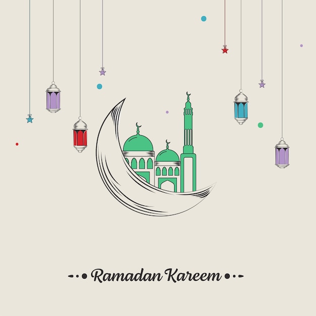 Luna creciente de estilo garabato con estrellas colgantes de mezquita y farolillos decorados con fondo gris para el concepto de Ramadán Kareem