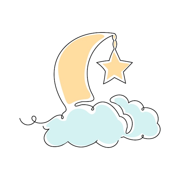 Luna creciente y estrellas colgando estilo de dibujo de línea continua Ramadan Kareem