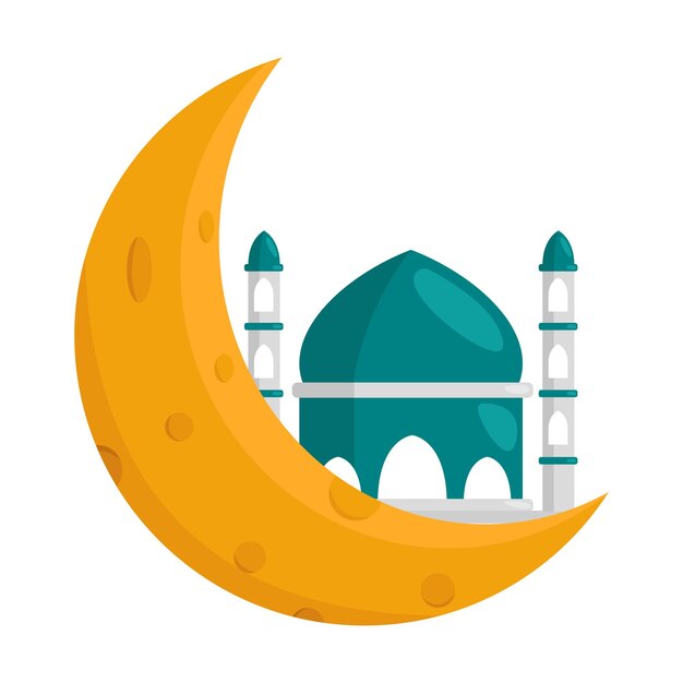 Luna creciente con estrellas e ilustración de la mezquita