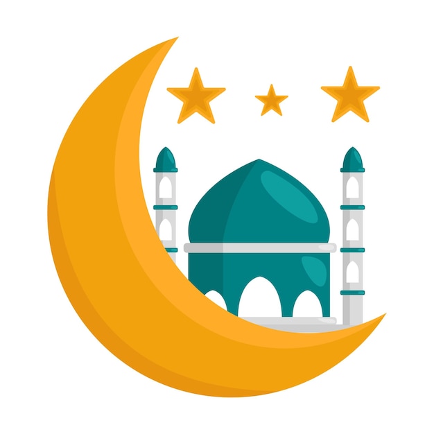 Luna creciente con estrellas e ilustración de la mezquita