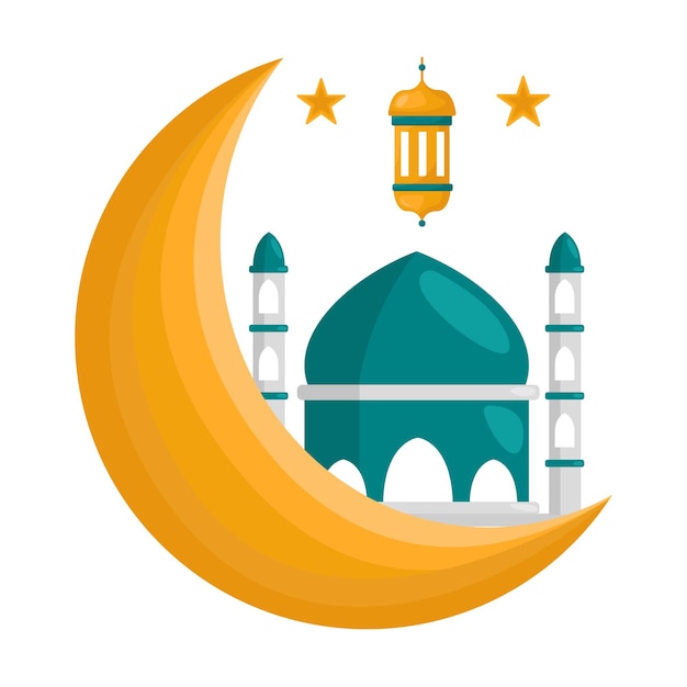 Luna creciente con estrellas e ilustración de la mezquita